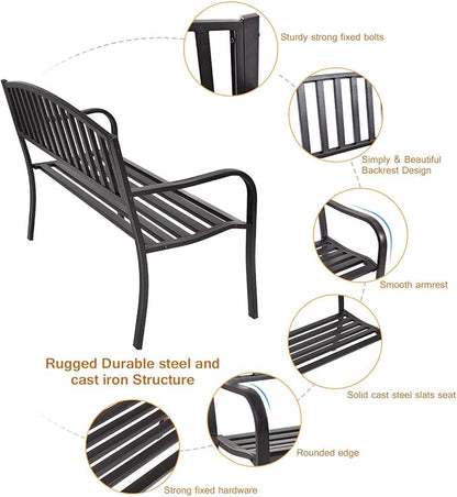 Tangkula 50 Inch Outdoor Steel Garden Bench Park Bench, Patio Chair Garden Bench with High Back & Rustproof Armrests, Ideal Bench for Lawn, Yard, Porch, Deck & Poolside