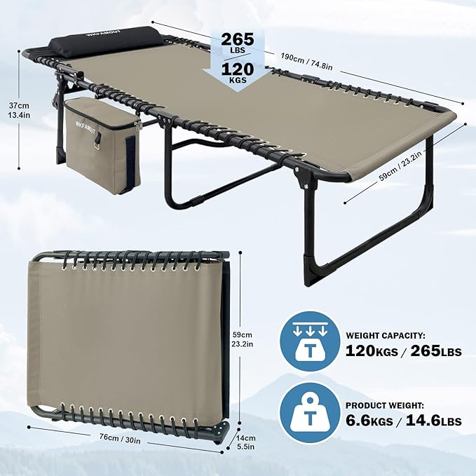 Folding Lounge Chair Outdoor with Insulated Cooler Bag Portable for Outside Patio Chaise Lounge Chair 5-Position with Pillow for Beach Sunbathing Pool Camping Lawn