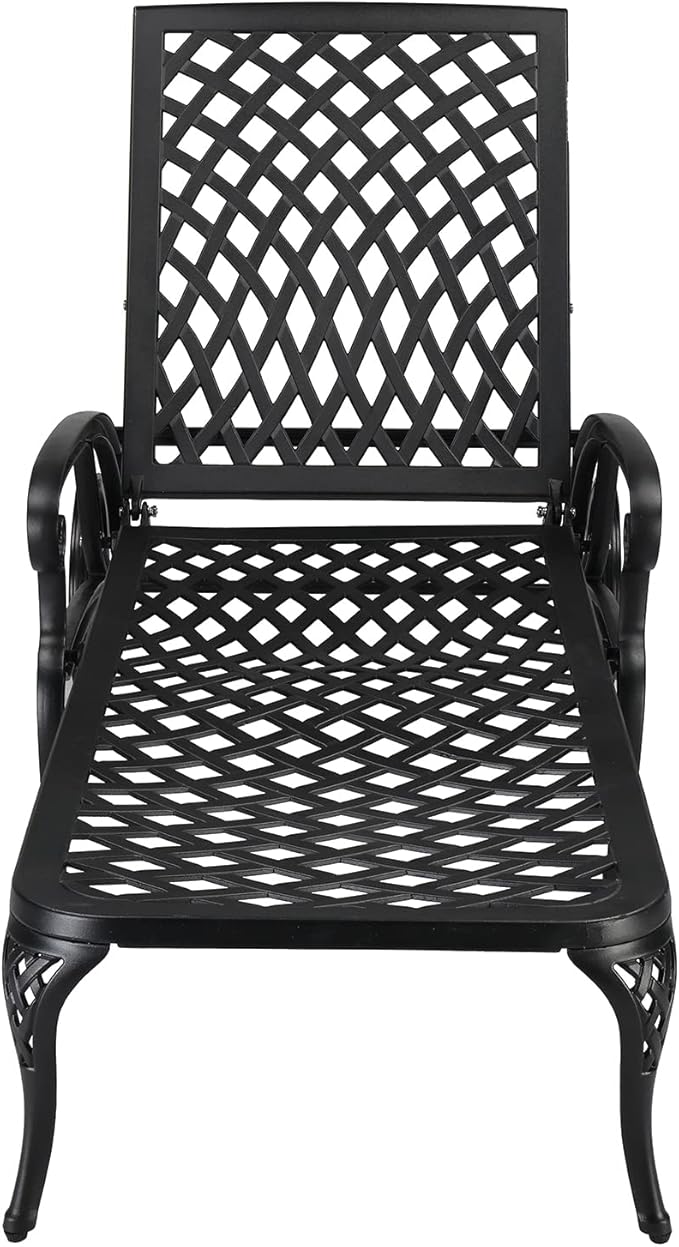 Metal Lounge Chairs for Outside, Chaise Lounge Outdoor Cast Aluminum with Adjustable Backrest and Moveable Wheels for Poolside Backyard Patio (Black)