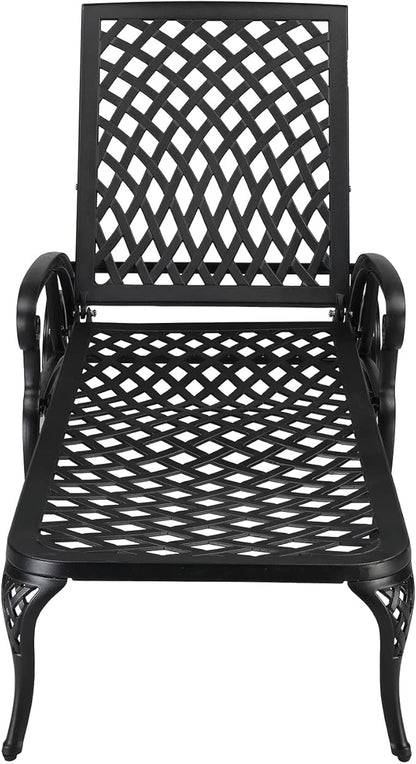 Metal Lounge Chairs for Outside, Chaise Lounge Outdoor Cast Aluminum with Adjustable Backrest and Moveable Wheels for Poolside Backyard Patio (Black)