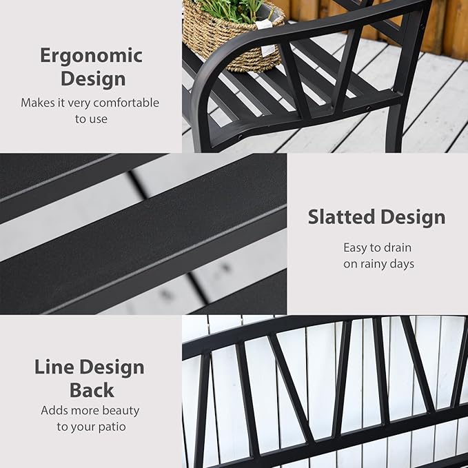 50" Metal Garden Bench, Black Outdoor Patio Bench for 2, Park-Style Comfort, Rust-Resistant with Smooth Armrests