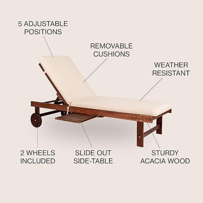 JONATHAN Y PAT1003B Seabrook 69 x 24 Inch Outdoor Acacia Wood Lounger with Cushion, 5-Position Back, Slide Table & Wheels for Garden, Lawn, Backyard, Pool, Deck, Beach, Firepit, Light Brown