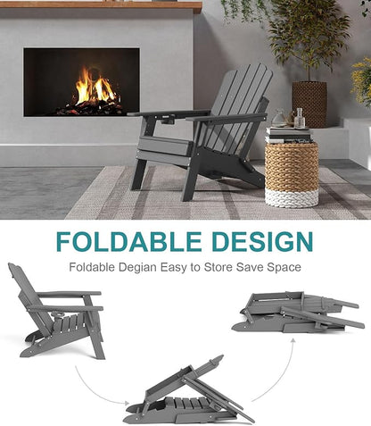 FOOWIN Adirondack Chair Set of 6, Folding HDPE Patio Chairs with Cup Holder, 400LBS Heavy Duty Fire Pit Chairs for Large Garden, Deck, Resort, Commercial Use,Grey