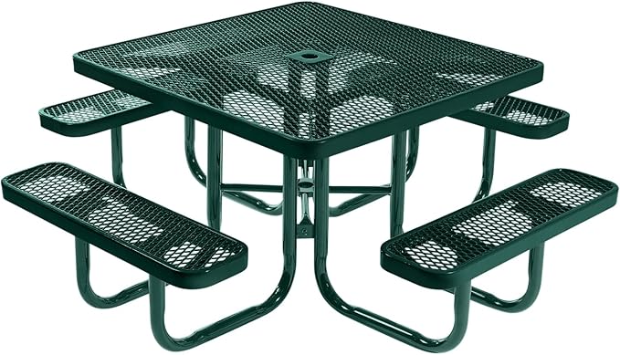 COATEDOUTDOORFURNITURE Heavy-Duty Portable Outdoor Picnic Table with Umbrella Hole, Expanded Metal Commercial-Grade Patio Made in America (46" Square Top, Dark Green with Dark Green Frames)