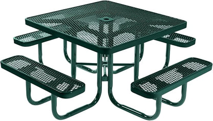 COATEDOUTDOORFURNITURE Heavy-Duty Portable Outdoor Picnic Table with Umbrella Hole, Expanded Metal Commercial-Grade Patio Made in America (46" Square Top, Dark Green with Dark Green Frames)