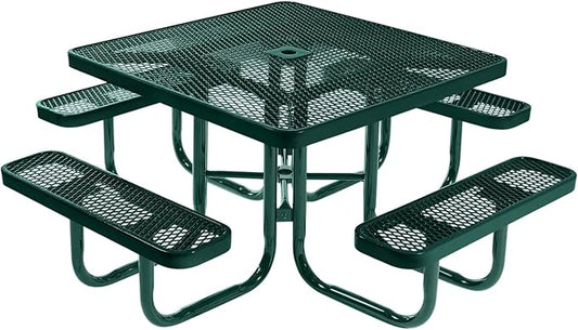 COATEDOUTDOORFURNITURE Heavy-Duty Portable Outdoor Picnic Table with Umbrella Hole, Expanded Metal Commercial-Grade Patio Made in America (46" Square Top, Dark Green with Dark Green Frames)