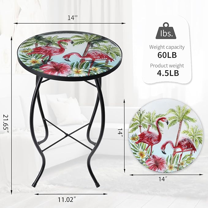 VCUTEKA Patio Side Table Outdoor Accent Table Small Mosaic Table Coffee Table End Porch Indoor Outdoor Round Glass Balcony Bistro Three Flamingos 14 inches