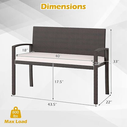 Tangkula Outdoor Rattan Bench, 2-Person Patio Loveseat with Removable Seat Cushion, Metal Frame, Backrest & Armrests, for Porch, Backyard, Garden, Balcony, Brown