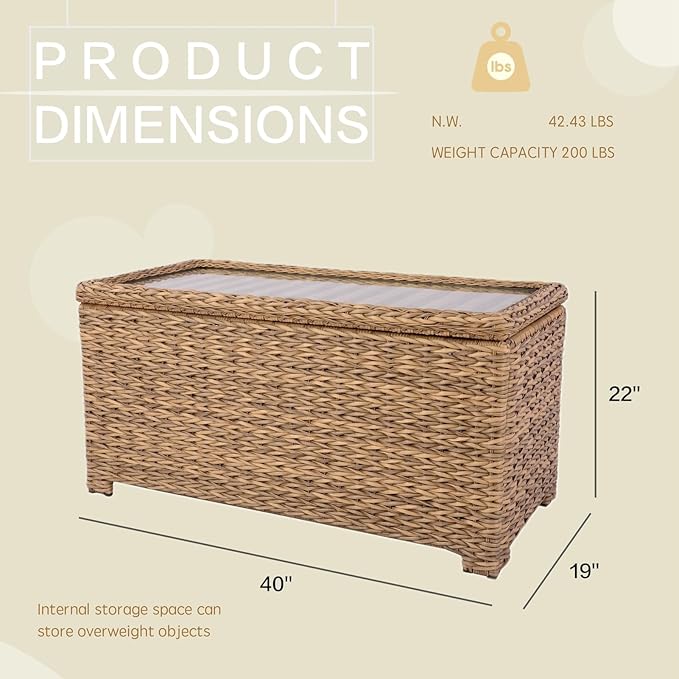 Laguna Point 40'' Outdoor Wicker Coffee Table w/Flip-Top Storage, HDPE Rattan Patio Center Table with Tempered Glass Top, Tan