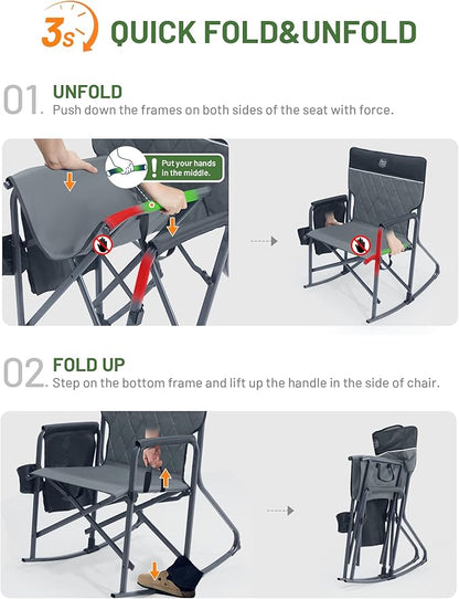 Timber Ridge Folding Oversized Rocking Camping Chair, 400lbs Capacity Portable Outdoor Rocker with Hard Armrests, Cup Holder & Side Pocket, Quick-Fold Design for Outdoor, Patio, Lawn, Grey