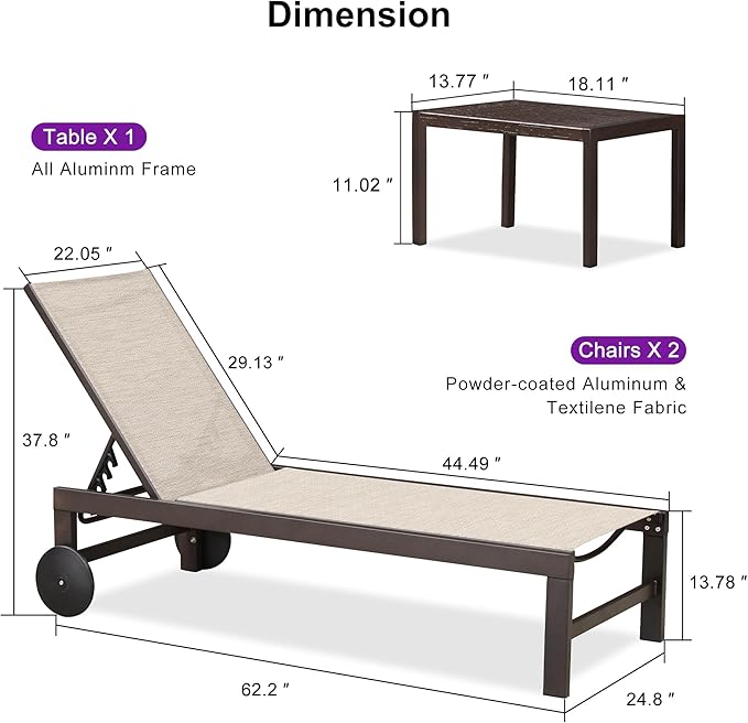 PURPLE LEAF Outdoor Chaise Lounge Chair Set of 2, Pool Lounge Chairs for Outside, Aluminum Patio Chaise Loungers with Adjustable Backrest and Wheels for Deck, Lawn, Garden, Beige