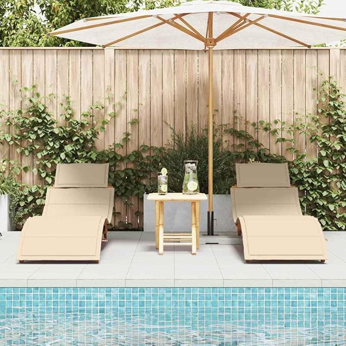 2-Pack Acacia Wood Sun Lounger Set Beige 21.65"x72.44"x25.20" Adjustable Chaise Cushion Solid Frame Modern Patio Lounge - Photo 3