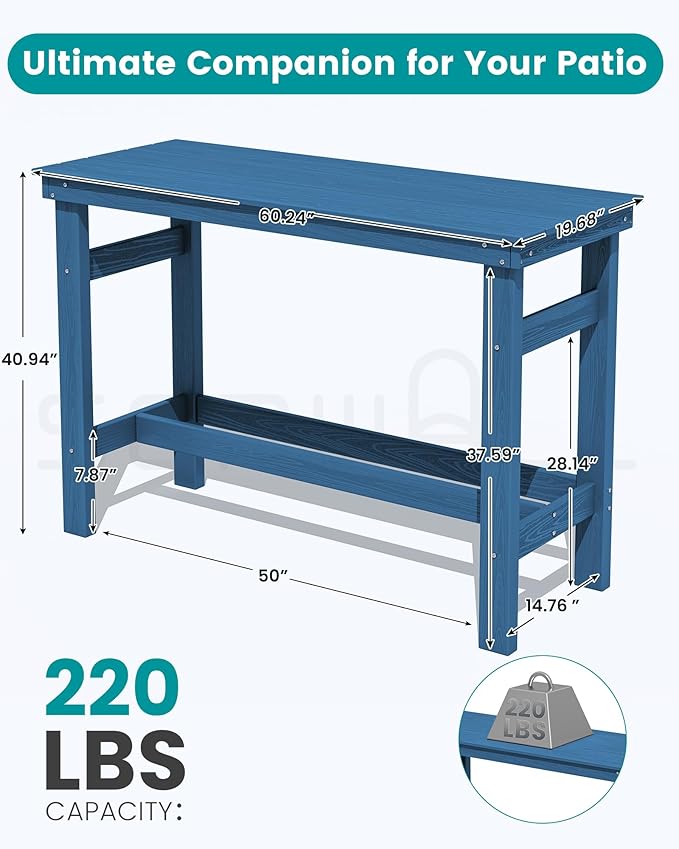 SERWALL 41" Outdoor Bar Table with 1.6" Umbrella Hole, HDPE Patio Bar Counter Height Table - Photo 7