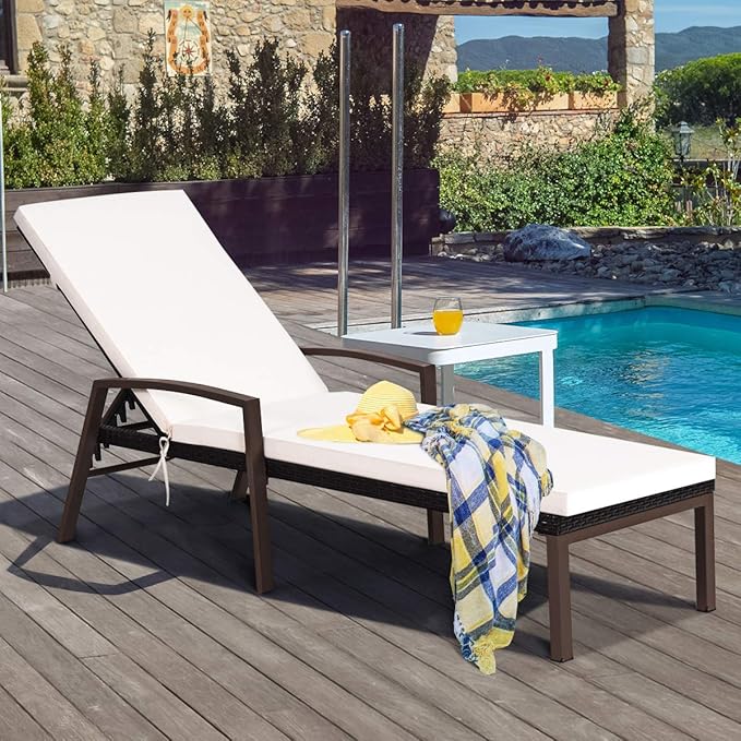 COSTWAY 2PCS Rattan Lounge Chair Outdoor, Patio Wicker Chaise Lounge with 5-Position Adjustable Backrest, Soft Cushion & Arm Rest, Pool Recliner Set of 2 for Poolside, Deck, Backyard (White)