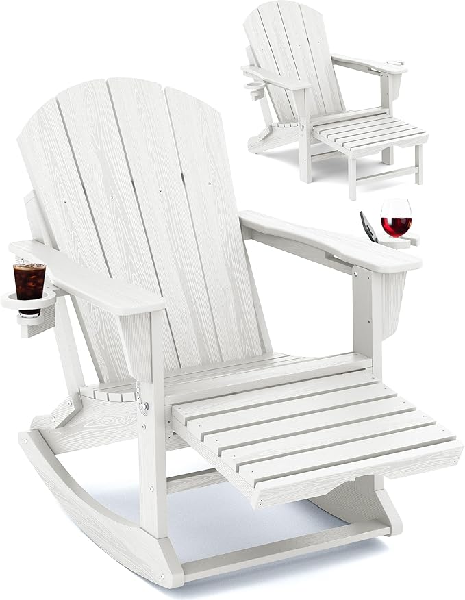 KINGYES Adirondack Rocking Chair with Retractable Ottoman and Cup Holders, HDPE Adirondack Rocker Patio Rocking Chair for Porch, Patio, Balcony, White
