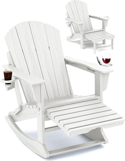 KINGYES Adirondack Rocking Chair with Retractable Ottoman and Cup Holders, HDPE Adirondack Rocker Patio Rocking Chair for Porch, Patio, Balcony, White