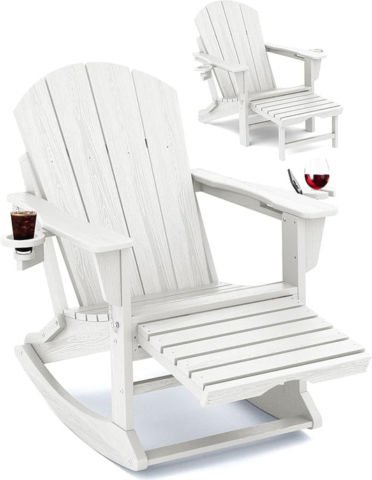 KINGYES Adirondack Rocking Chair with Retractable Ottoman and Cup Holders, HDPE Adirondack Rocker Patio Rocking Chair for Porch, Patio, Balcony, White