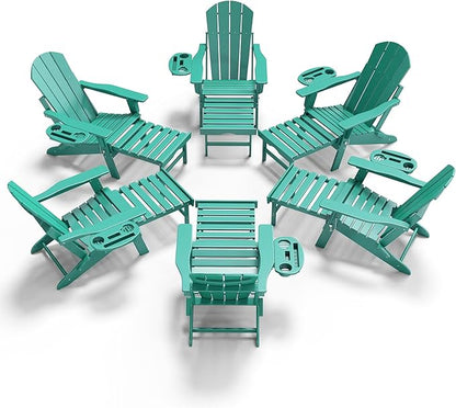 Adjustable Adirondack Chair with Retractable Ottoman Set of 6, HDPE Folding Adirondack Chair with Cup Holder, All Weather Fire Pit Chair for Outdoor.
