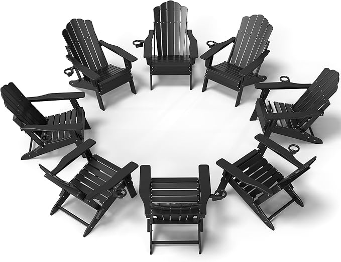 FOOWIN HDPE Adjustable Adirondack Chair Set of 8, 400lbs Heavy Duty Folding Patio Chairs with Cup Holder, 3-Position Reclining Fire Pit Seating, All-Weather Poly Lumber for Backyard, Deck - Black