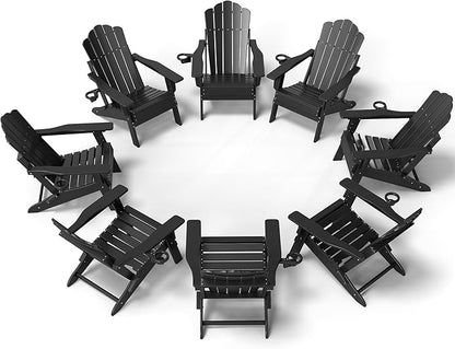 FOOWIN HDPE Adjustable Adirondack Chair Set of 8, 400lbs Heavy Duty Folding Patio Chairs with Cup Holder, 3-Position Reclining Fire Pit Seating, All-Weather Poly Lumber for Backyard, Deck - Black