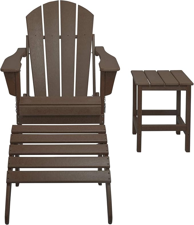 WestinTrends Malibu Outdoor Lounge Chairs, 3-Pieces Adirondack Chair Set with Ottoman and Side Table, All Weather Poly Lumber Patio Lawn Folding Chair for Outside Pool Garden Backyard, Dark Brown