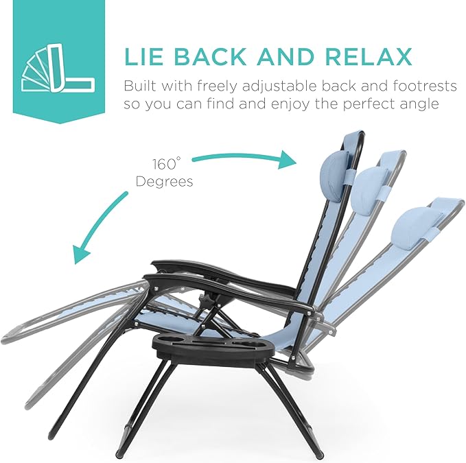 Best Choice Products Set of 2 Adjustable Steel Mesh Zero Gravity Lounge Chair Recliners w/Pillows and Cup Holder Trays - Photo 3