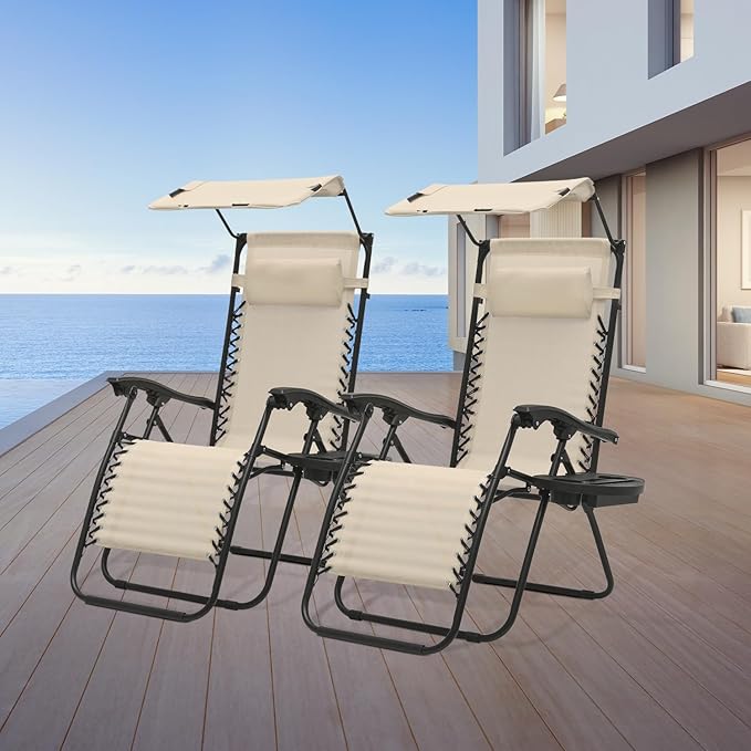 Athena Collection Patio Chairs Set of 2 Reclining Lounge Chair with Cup Holder and Pillow Fabric Camping Chairs with Canopy Foldable Beach Chairs for Garden, Park, Deck, Yard, Poolside, Cream