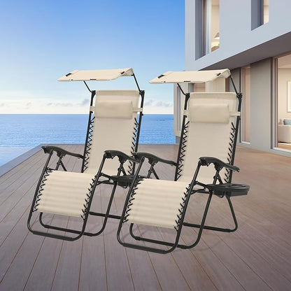 Athena Collection Patio Chairs Set of 2 Reclining Lounge Chair with Cup Holder and Pillow Fabric Camping Chairs with Canopy Foldable Beach Chairs for Garden, Park, Deck, Yard, Poolside, Cream
