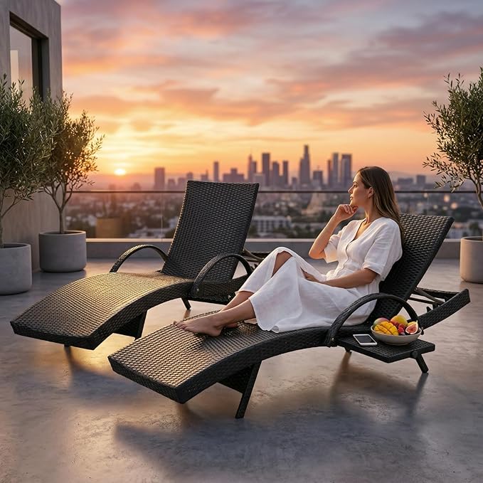 80.3" Chaise Lounge Outdoor Set of 4, Wicker Pool Lounge Chairs Outdoor with Pull-Out Side Table - Photo 9