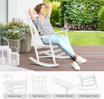 VINGLI Wooden Rocking Chair, Outdoor Chair with 450 lbs Support, Relaxing Rocker with Solid Wood High Back Seat Reclining Seat for Deck, Garden, Backyard, Porch, Indoor or Outdoor Use, White