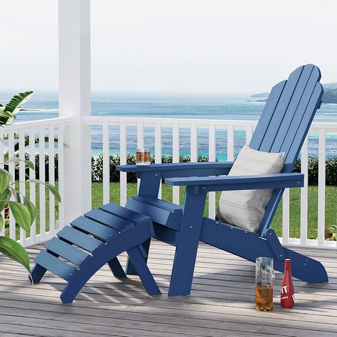 MXIMU Folding Adirondack Ottoman Set of 4: HIPS Plastic Outdoor Footrest Easy Assembly - All Weather Foot Stool Foot Rest for Adirondack Chair Use in Patio Garden Backyard Pool (Navy)