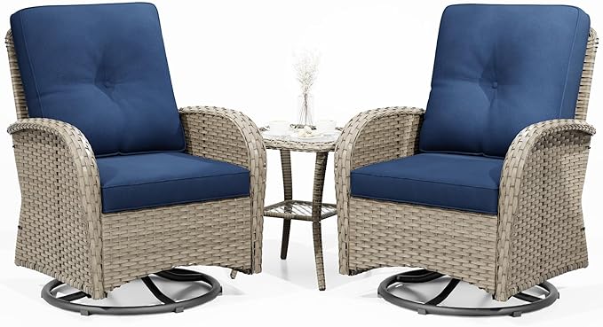 Joyside Outdoor Swivel Rocker Chairs, 3 Piece Wicker Patio Set with Thickened Cushions, High Back, Deep Seating - Photo 1