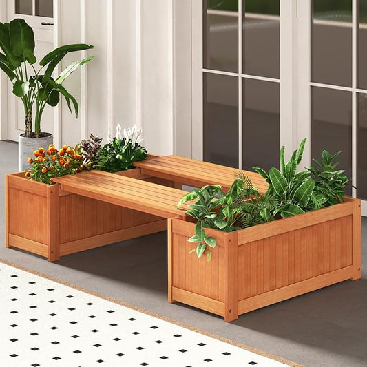 2 Pcs Raised Garden Bed with Bench, 2 in 1 Wooden Outdoor Planter Bench w/Removable Top, Open Base & 45 Gallon Large Capacity, Rectangular Planter Box for Flowers Herbs, Patio Yard Balcony