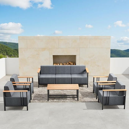 Patio Furniture Set of 6,with 10-inch Thick Cushion Outdoor Furniture Set,Patio Chair Set with Sofa,Wood Grain armrests,trapezoidal backrest,Indoor/Outdoor Balcony Seating,Dark Gray | Gray