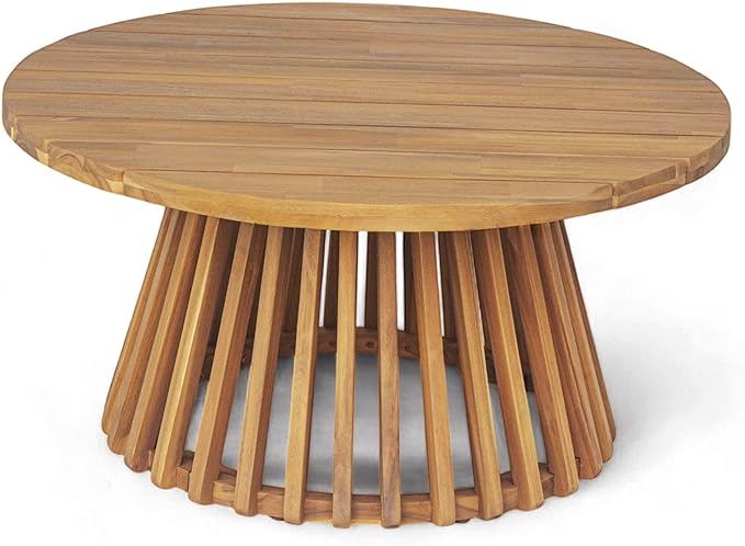 Christopher Knight Home Hakee Acacia Wood Patio Coffee Table, Round Table with Unique Wooden Base for Backyard, Balcony, Stylish Indoor/Outdoor Table, Easy Assembly, 31.5" x 31.5" x 16", Teak