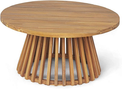 Christopher Knight Home Hakee Acacia Wood Patio Coffee Table, Round Table with Unique Wooden Base for Backyard, Balcony, Stylish Indoor/Outdoor Table, Easy Assembly, 31.5" x 31.5" x 16", Teak