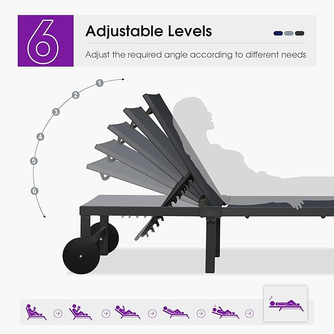 PURPLE LEAF Outdoor Chaise Lounge Chairs Set Recliner Adjustable Chair with Wheels and Table for Poolside Beach Patio Aluminum Reclining Sunbathing Lounger, Navy Blue