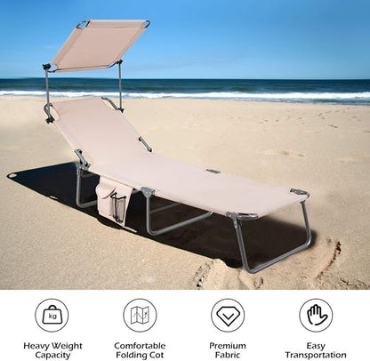 Giantex Tanning Chair, Patio Chaise Lounge Chair with 5 Adjustable Position, Shade Canopy, Storage Pocket, Camping Cot, Outdoor Sunbathing Recliner for Poolside, Lawn Folding Beach Chairs(1, Beige)