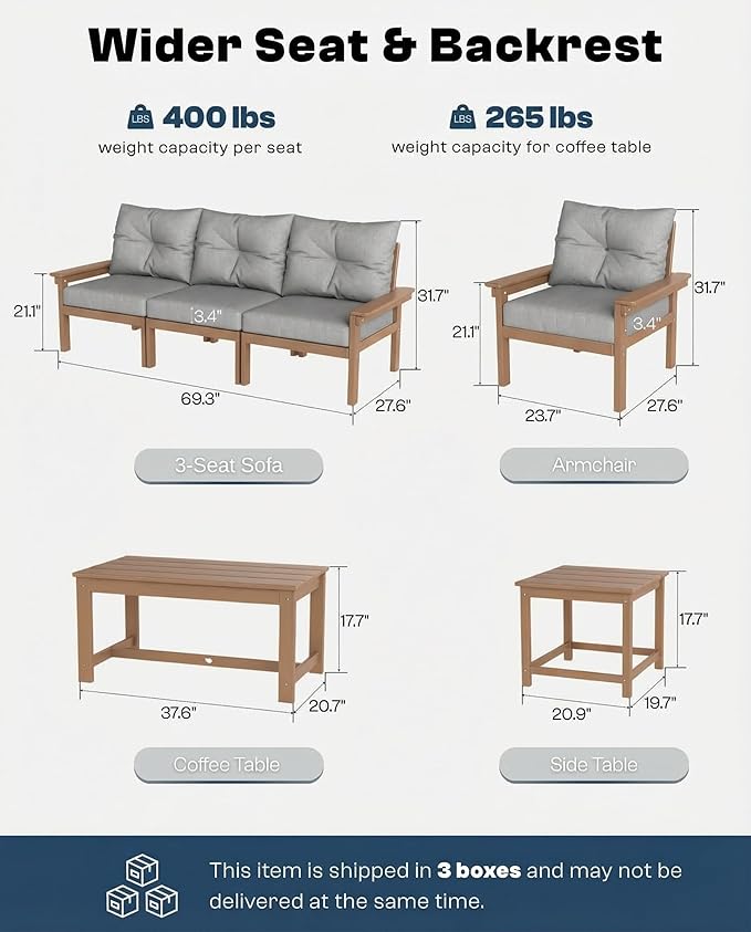 Teak HDPE Patio Sofa Set, 3-Piece Sectional Outdoor Patio Furniture Set - Photo 2
