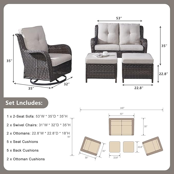 Rilyson Wicker Patio Furniture Set - 5 Piece Rattan Outdoor Sectional Conversation Sets with 2 Rocking Swivel Chairs - Photo 2