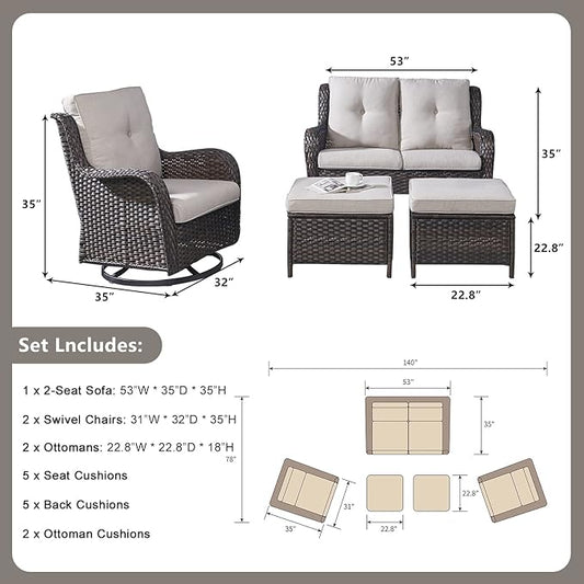 Rilyson Wicker Patio Furniture Set - 5 Piece Rattan Outdoor Sectional Conversation Sets with 2 Rocking Swivel Chairs,2 Ottomans and 1 Loveseat for Porch Deck Garden(Brown/Beige)
