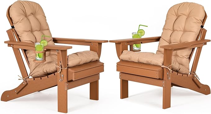 nalone Folding Adirondack Chairs Set of 2 with Cushion with Cup Holder, HDPE Plastic Oversized Patio Chair Weather Resistant, Used in Outdoor, Fire Pit, Deck, Garden, Campfire Chairs (Teak)
