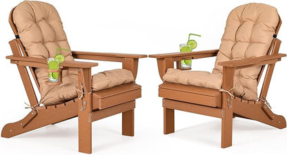 nalone Folding Adirondack Chairs Set of 2 with Cushion with Cup Holder, HDPE Plastic Oversized Patio Chair Weather Resistant, Used in Outdoor, Fire Pit, Deck, Garden, Campfire Chairs (Teak)