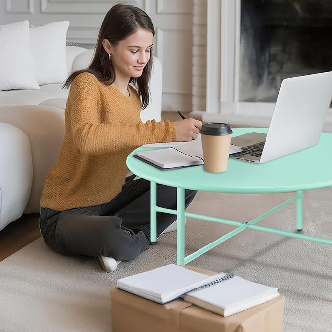 Patio Round Steel Patio Coffee Table, Weather Resistant Anti-Rust and Waterproof Indoor and Outdoor Large Side Table, for Garden Living Room Bedroom Balcony (Mint Green)