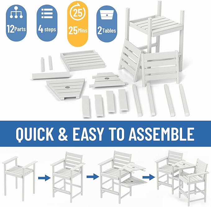 FOOWIN Tall Adirondack Chair Set of 2,HDPE Adirondack Bar Stools with Removable Connecting Trays,Weather Resistant Balcony Chair,Outdoor Adirondack Bar Chairs for Patio,Pool,Garden, Backyard White
