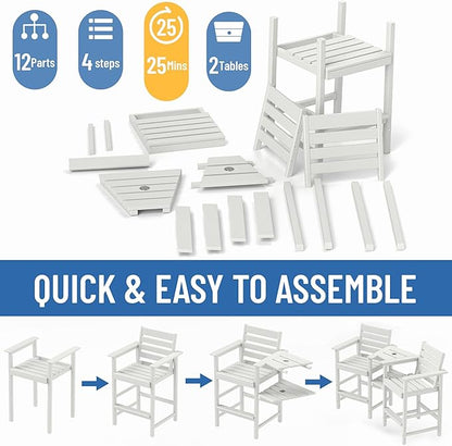 FOOWIN Tall Adirondack Chair Set of 2,HDPE Adirondack Bar Stools with Removable Connecting Trays,Weather Resistant Balcony Chair,Outdoor Adirondack Bar Chairs for Patio,Pool,Garden, Backyard White