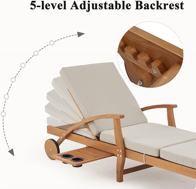 HOMREST Wood Chaise Lounge Recliner Set of 2, 83x23in Patio Chaise Lounger Recliner with Slide-Out Side Table & Cup Holder, Foam-Padded Cushion, Adjustable Backrest, Wheels (Beige)