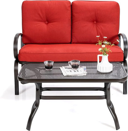 DORTALA 2-Piece Patio Furniture Set, Outdoor Indoor Loveseat and Coffee Table Set, Outdoor Sofa Metal Garden Bench with Soft Cushions, for Balcony, Lawn,Porch, Poolside, Red