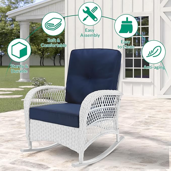 VIVIJASON 3-Piece Outdoor Conversation Bistro Set, Patio Wicker Rocking Chairs Rattan Furniture Sets w/ 2 Rattan Chairs, Cushions, Glass Top Side Table for Garden Porch Backyard (White/Navy Blue)