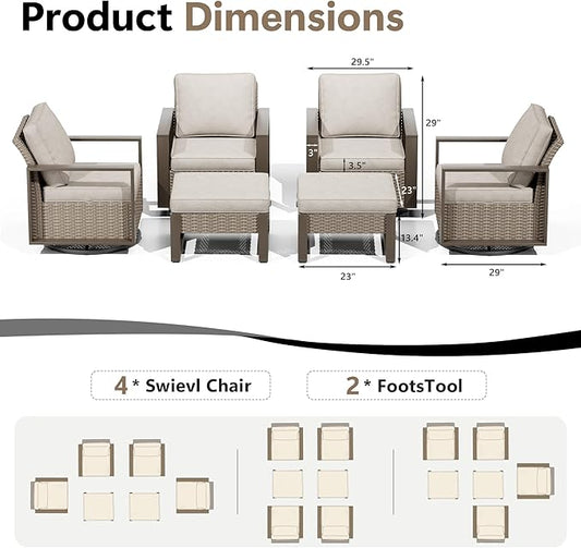 Outdoor Patio Furniture Set, 6 Piece Wicker Patio Conversation with Deep Seating, Thicken Cushions, Outdoor Swivel Rocker Patio Chairs, Metal Outdoor Furniture for Deck, Porch, Yard Use
